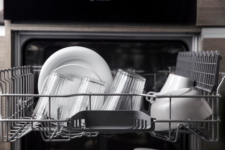 Photo machine à laver la vaisselle avec des ustensiles propres à la cuisine appareils ménagers vue sur le style de vie