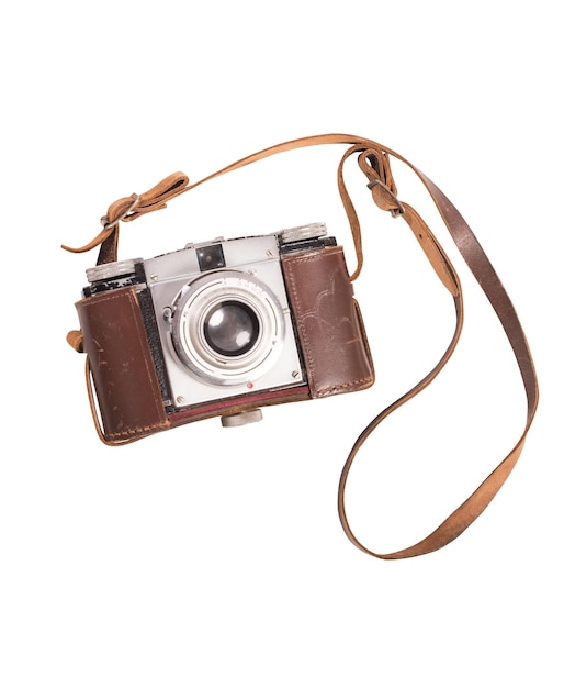 Machine photographique vintage avec étui en cuir marron et bandoulière