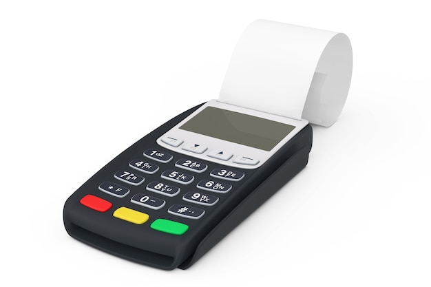 Machine de point de vente de caisse enregistreuse de terminal bancaire pour le paiement avec la bande de cache laminée en blanc sur un fond blanc. Rendu 3D