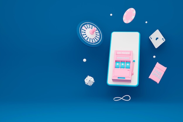 Machine à sous 3D sur l'écran du fond bleu du téléphone mobile Roulette volante carte à puce volante