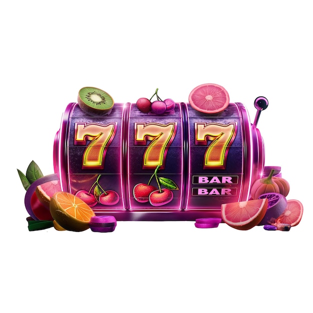 La machine à sous au néon du casino, le sept d'or, le jackpot, le sept de la chance, le 777, le violet lumineux et brillant du néon.