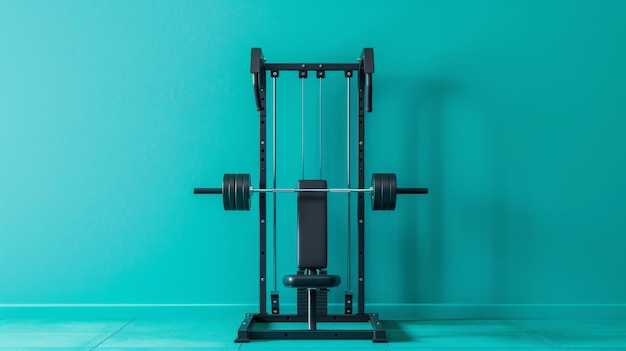 Une machine de squat à barre se tient dans une pièce bleue vibrante prête pour un entraînement difficile