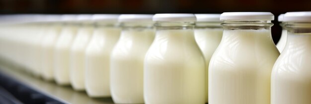 Photo machines automatisées pour le remplissage du lait ou du yogourt dans des bouteilles en plastique dans une usine de transformation laitière