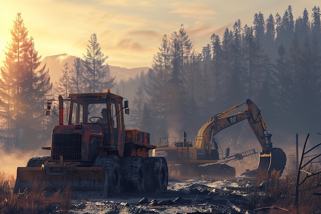 Des machines de construction lourdes à la lumière du soleil du matin