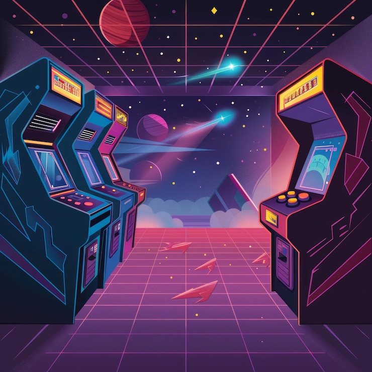 Photo des machines de jeux d'arcade rétro dans un environnement spatial futuriste