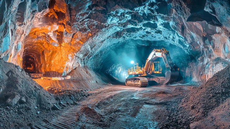 Photo des machines lourdes fonctionnent dans une mine souterraine bien éclairée, présentant des teintes bleu-orange et rouge dans le paysage caverneux.