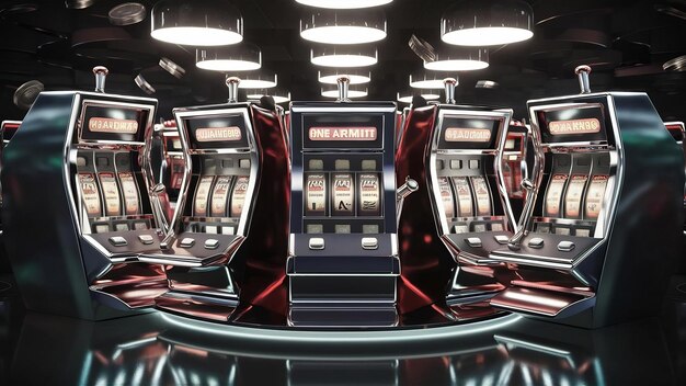 Photo des machines à sous 3d avec un bandit armé dans le casino sur fond noir.