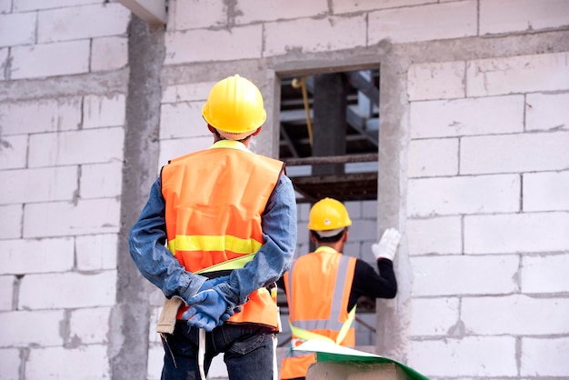 Le maçon de brique léger est fait d'argile expansée Éléments de construction en maçonnerie Le constructeur tient les briques Un homme portant un casque sur un chantier de construction