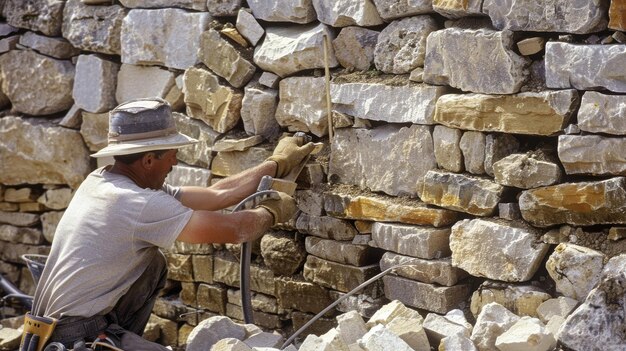 Un maçon construit un mur de pierre à l'aide d'outils en bois et en métal et de matériaux de construction.