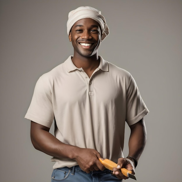 Un maçon noir souriant se tient debout