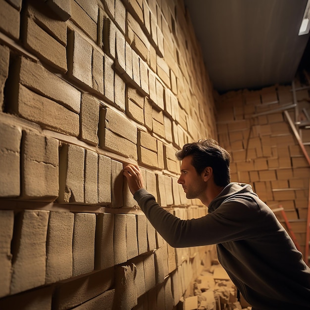 Maçon vérifiant le niveau horizontal de la couche du mur de la maison