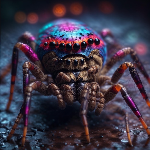 Des macro arachnides effrayants rampent de près en pleine nuit colorée
