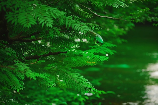 macro coup de branche de pin avec des gouttes d'eau