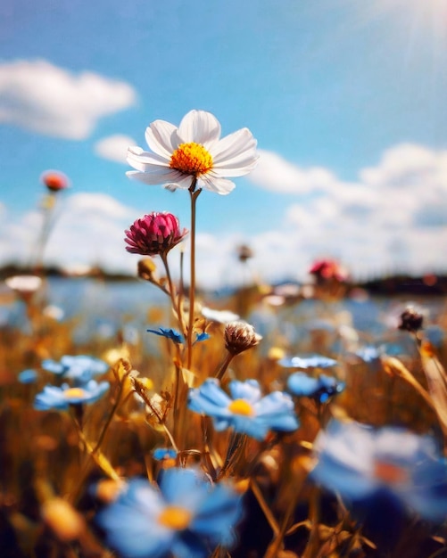 Macro fleur de camomille sur fond de ciel bleu Nature papier peint Arrière-plan