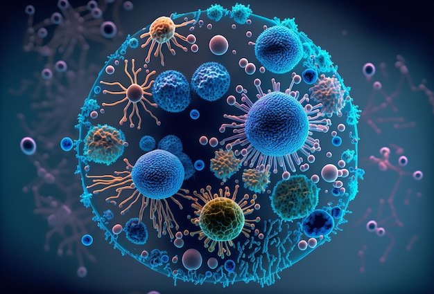 Macro gros plan de bactéries et de cellules virales ai générative