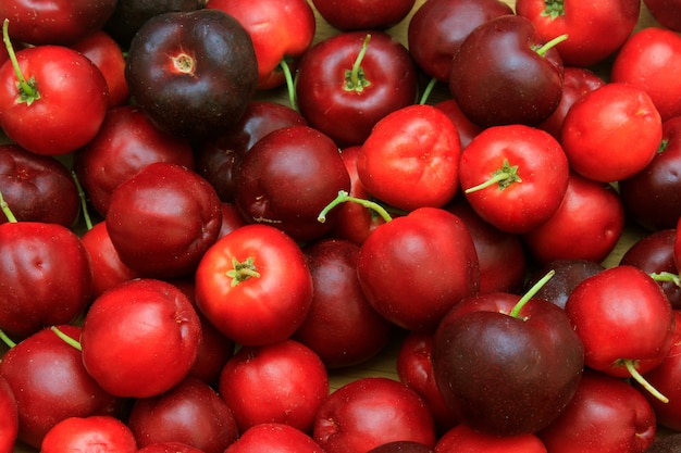 Macro, gros plan du groupe des Acerola biologiques fraîches. fruits juteux et sélectionnés