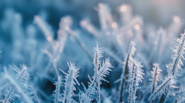 Macro gros plan de la glace de rime sur les plantes en hiver