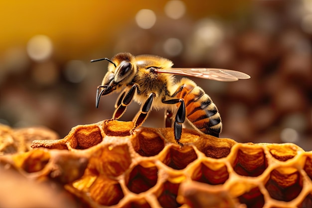 Macro de gros plan d'une grande abeille drone dans une ruche d'abeille ouvrière mâle pour l'apiculture et l'apiculture