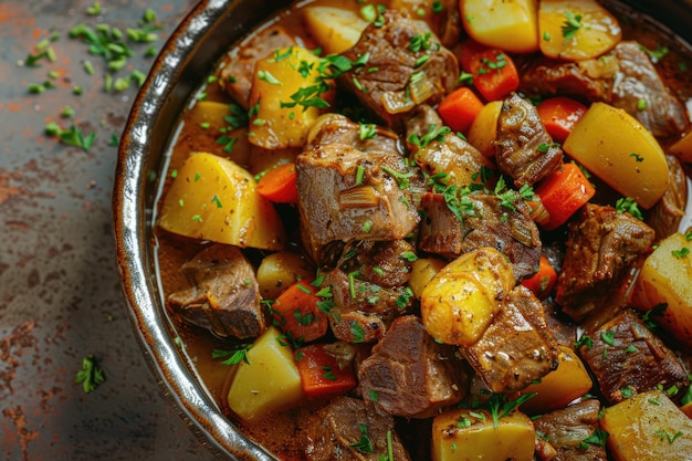 Macro gros plan d'un ragoût de bœuf avec des légumes dans un bol rustique