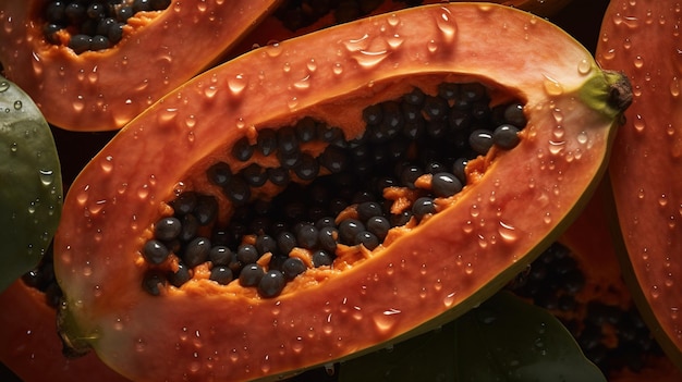 Macro IA générative Moitié fraîche de fond de papaye Photo agrandi exotique tropical avec des gouttes