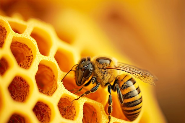 Macro photo d'une abeille sur des nids d'abeilles