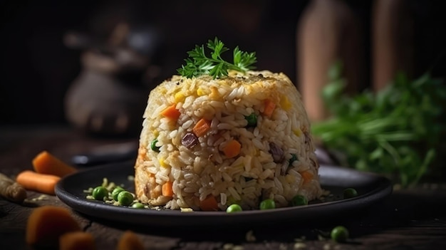 Macro Photo Fried Rice On Stone Rustic Pub Generative AI