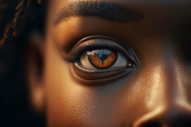 Macro photo de l'oeil de la belle jeune femme noire Generative AI