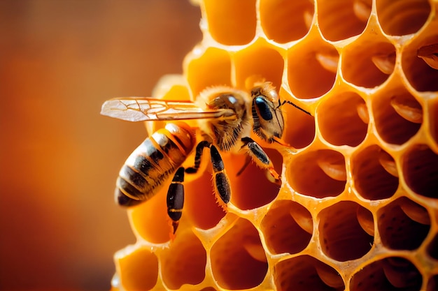 Macro photo d'une ruche d'abeilles sur un nid d'abeilles avec copyspace les abeilles produisent du miel frais et sain