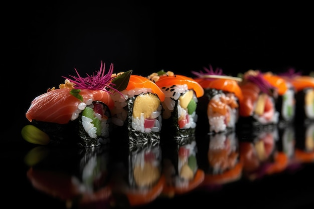 Macro photographie alimentaire Assiette de rouleaux de sushi générée par l'IA