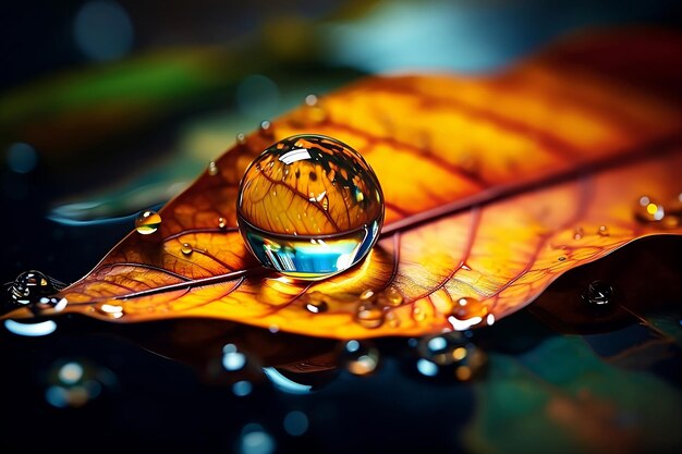 Une macro-photographie d'une feuille d'orange avec des gouttes de pluie Des détails de la nature dans des couleurs vives