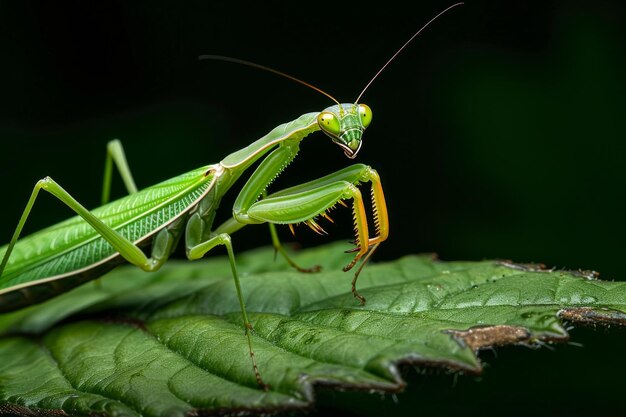 Une macro-photographie d'une mantie priante perchée sur une feuille