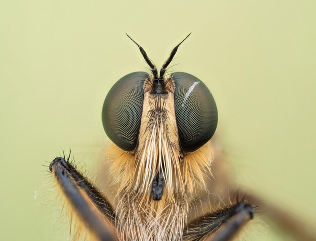 Photo macro photographie d'yeux de mouche sur une feuille verte grossissement extrême mise au point sélective