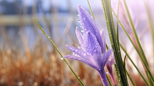 Macro photoréaliste de fleurs violettes près d'un lac