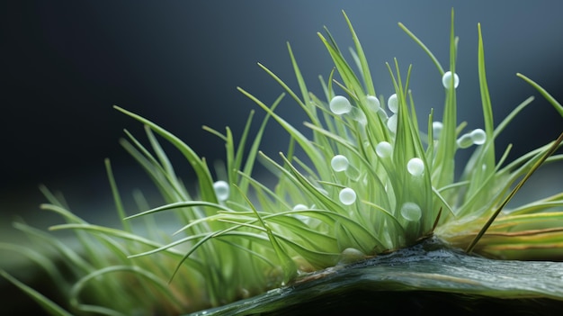 Macro photoréaliste de l'herbe verte dans les gouttes d'eau