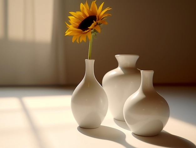 Macro une pièce intérieure montrant deux vases blancs avec un tournesol dans le style de zbrush