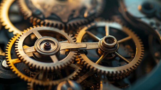 Photo macro prise d'engrenages et de roues dentées d'un vieux mécanisme d'horloge