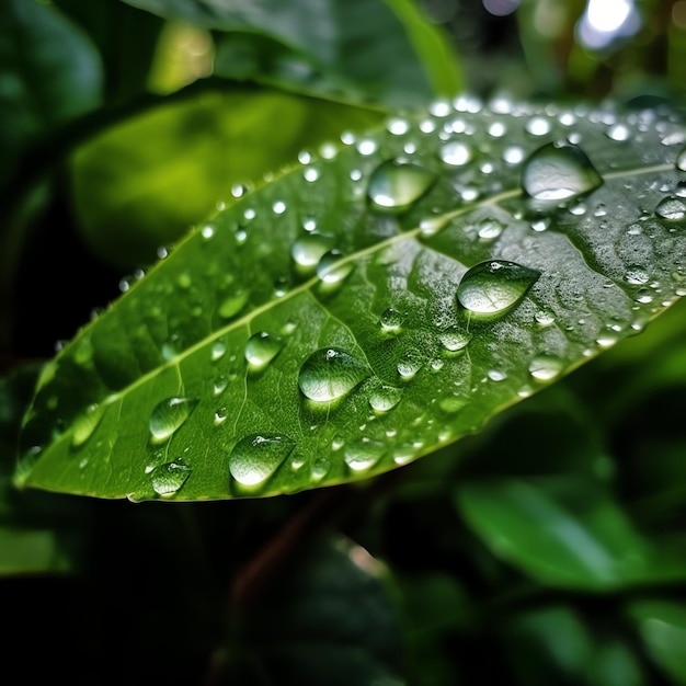 Photo macro prise de feuilles vertes avec des gouttes d'eau, de la rosée ou de la pluie qui tombe sur elles