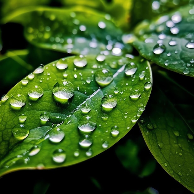 Macro prise de feuilles vertes avec des gouttes d'eau, de la rosée ou de la pluie qui tombe sur elles