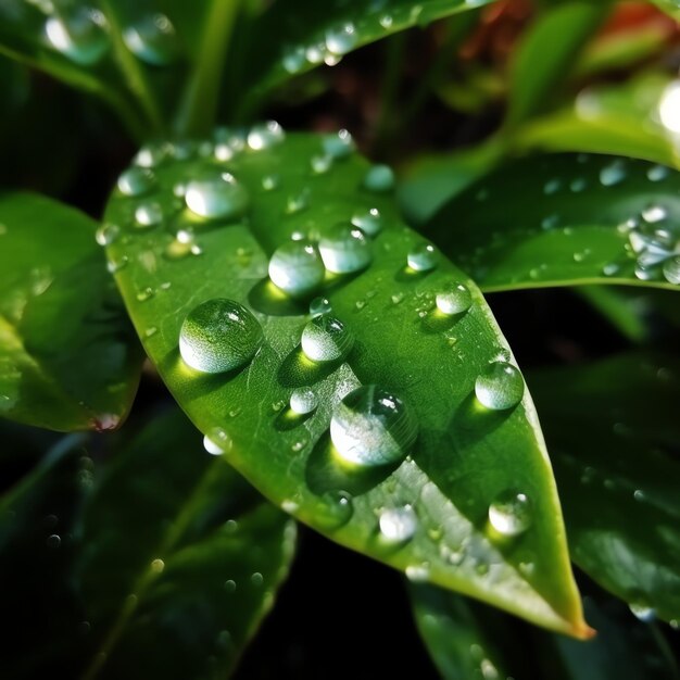 Photo macro prise de feuilles vertes avec des gouttes d'eau, de la rosée ou de la pluie qui tombe sur elles