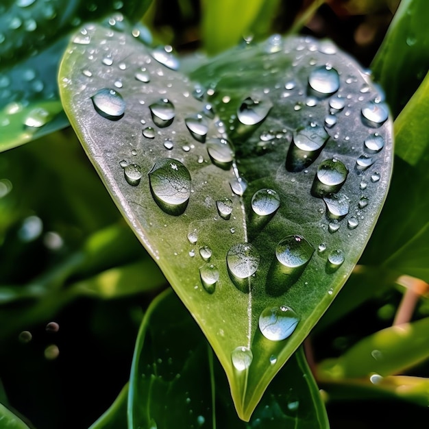 Photo macro prise de feuilles vertes avec des gouttes d'eau, de la rosée ou de la pluie qui tombe sur elles