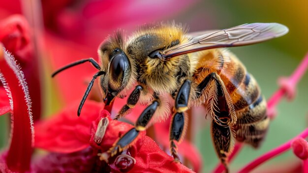 Photo une macro prise de vue d'une abeille bourdonnante recueillant le nectar d'une fleur rouge vif capturant le moelleux