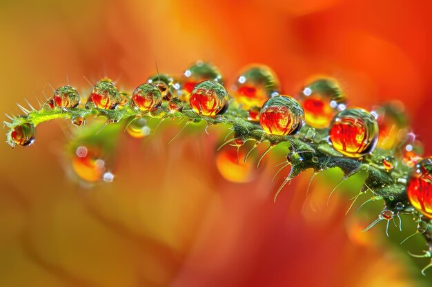 Une macro prise de vue de la danse des gouttes de rosée sur les feuilles