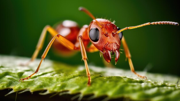 Photo une macro prise de vue rapprochée d'une petite fourmi rouge sur une feuille