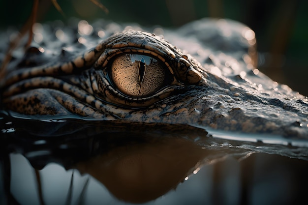 Macro de réflexion d'oeil de crocodile sur l'eau