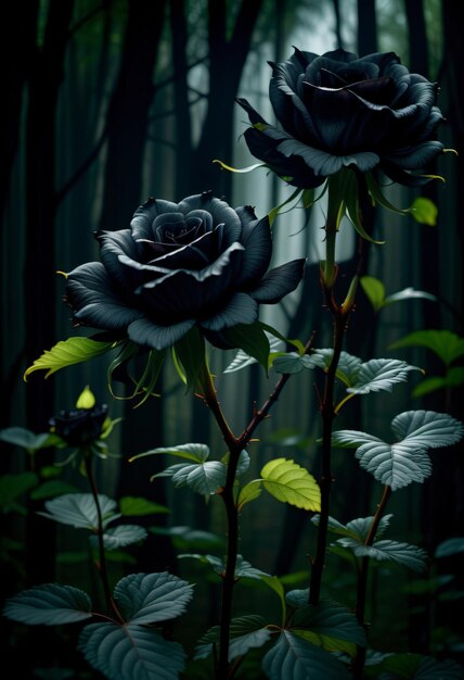 macro rose noire sur fond forestier