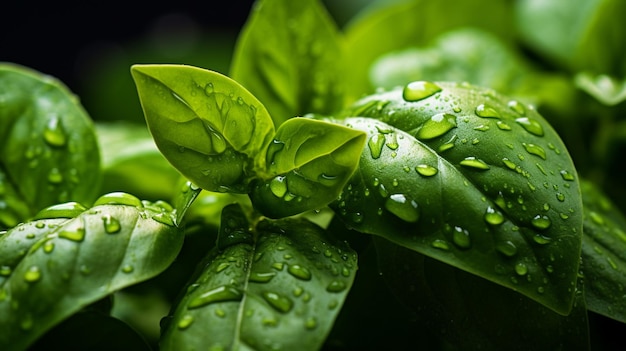 Un macro shot de gouttes d'eau s'accrochant à la surface des feuilles de basilic capturant leur fraîcheur naturelle