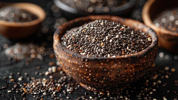 Macro shot de graines de chia saupoudrées sur un bol de smoothie à une profondeur de champ peu profonde