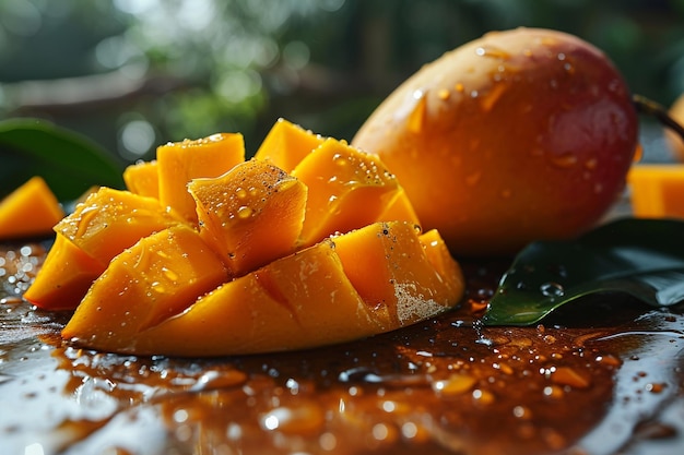 Un macro-shot d'une mangue tranchée