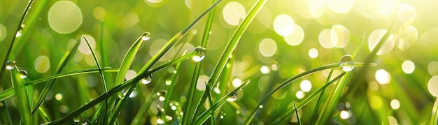 Un macro-shot de rosée matinale fraîche tombe sur l'herbe vert vif