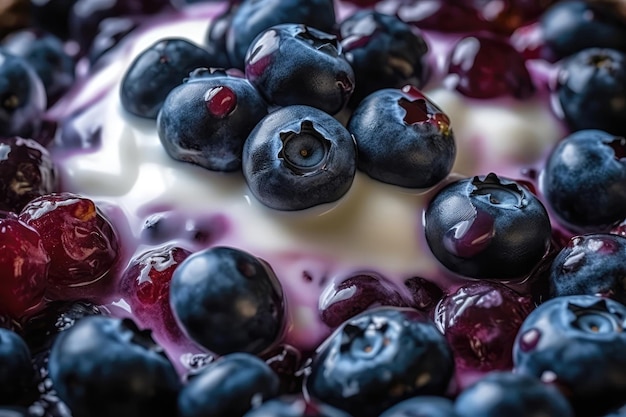 Un macro-shot de yogourt et de bleuets avec une IA générative